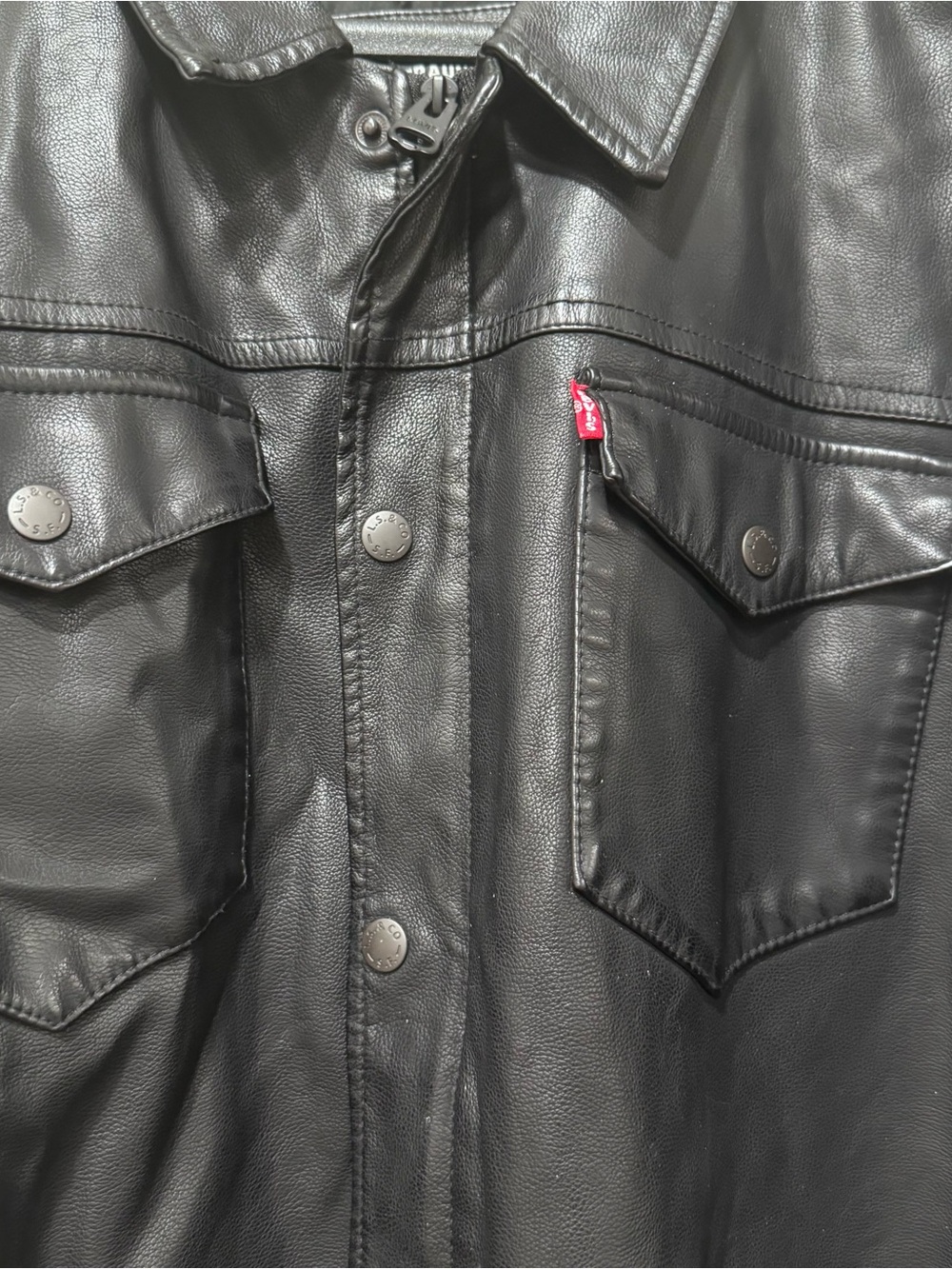 Levi’s Men’s 2XL Black Faux Leather Trucker Jacket Snap Zip Vegan Moto Coat - Picture 4 of 11